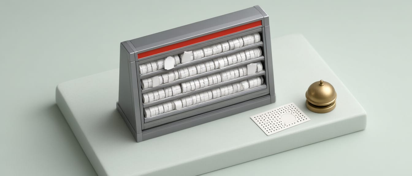 Miniature totalisator cabinet with split-flap lane rows, a perforated ticket card and a brass bell dome on a porcelain slab